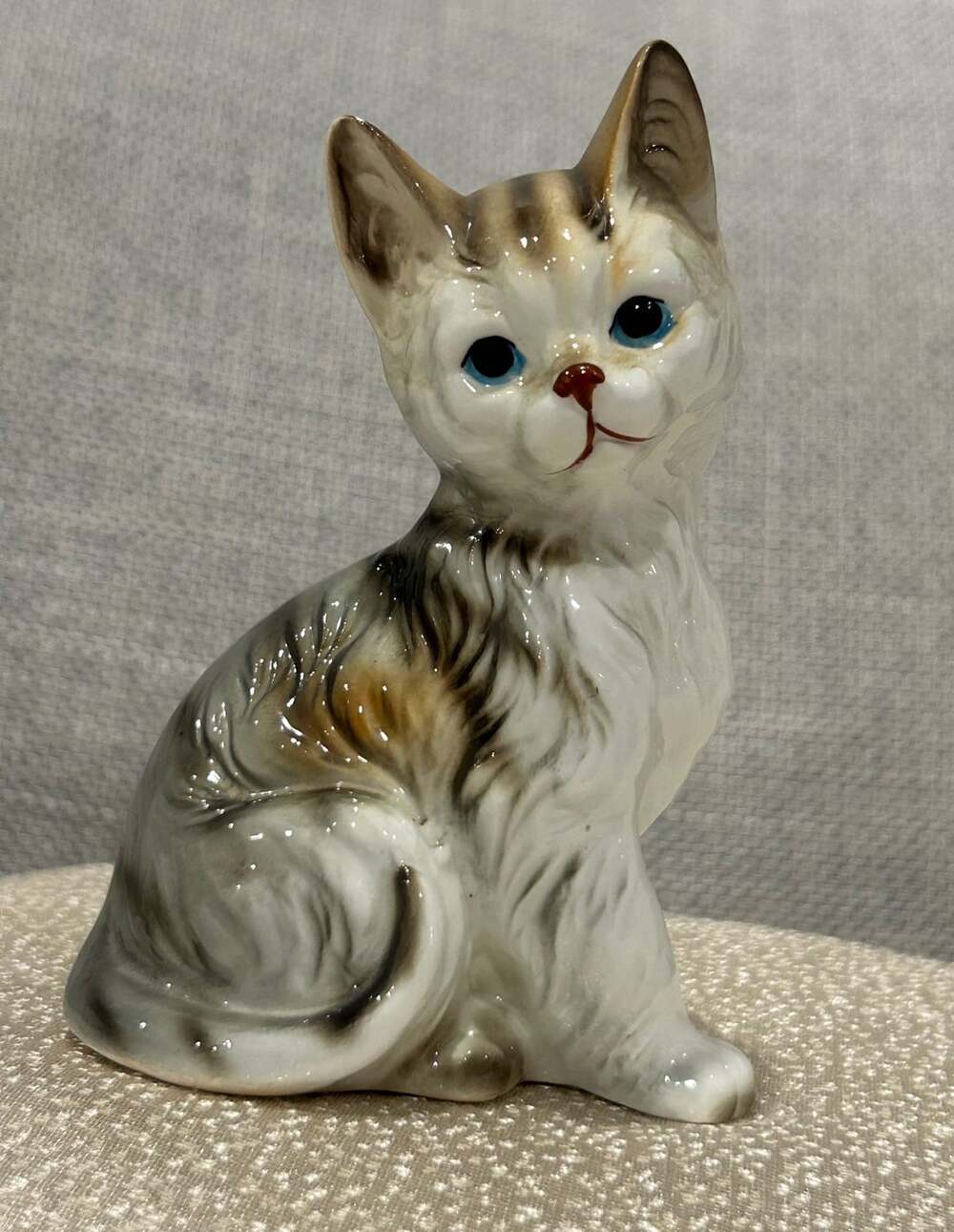 Vintage Porcelain Calico Tabby Kitten Figurine with Blue Eyes